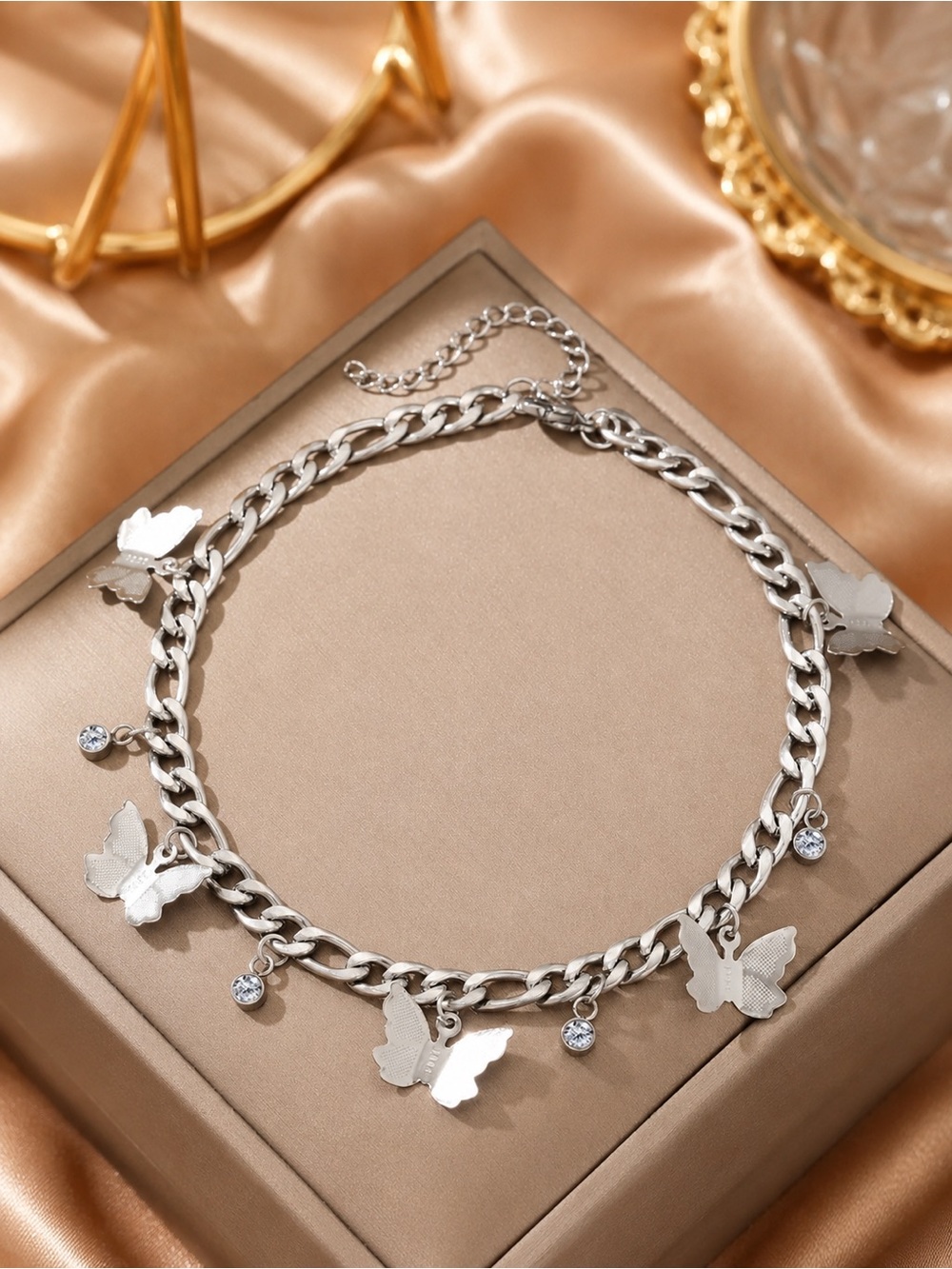 Butterfly Anklet Stainless Steel Figaro Chain Zircon Charm Beach Jewelry - Picture 6 of 7